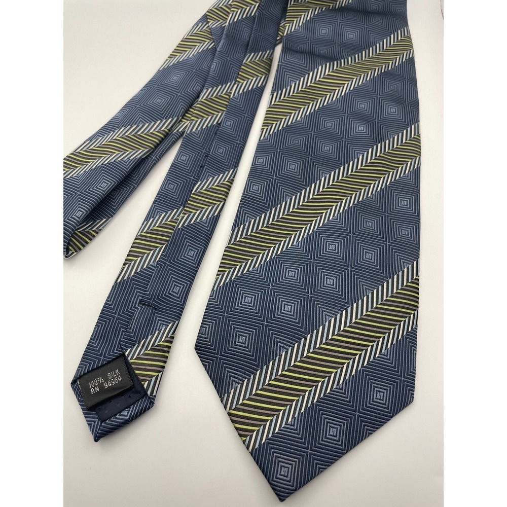 Blacker by Stanley Blacker Mens Silk Tie Blue Grey Green Geometric Striped Woven